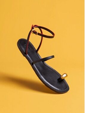 Larroude Biarritz Black Toe-Ring Ankle-Strap Sandals with Gold Accent